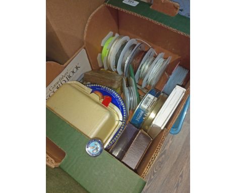 A box containing items of fly fishing tackle including spools of fly line, flies, forceps, scissors, hooks, fly tying items, 