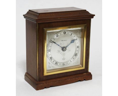 An Elliot walnut cased mantel clock, the steel dial signed 'Prestons Ltd', height 16.5cm.  