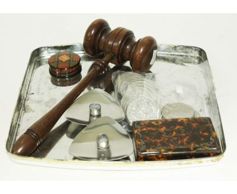 A mixed lot comprising various crowns, a gavel, a tartan ware box, a papier mache snuff box and two Lundtofte candle stands. 