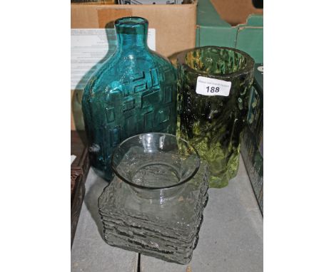 Three pieces of art glass comprising two Whitefriars and an Italian textured bottle vase.Condition:- Some chips to rims of la