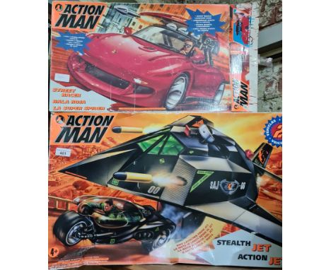 An Action Man Stealth jet and a street racer, boxed