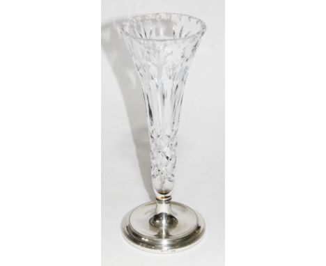 A cut glass trumpet vase with hallmarked silver base, height 27.5cm.  