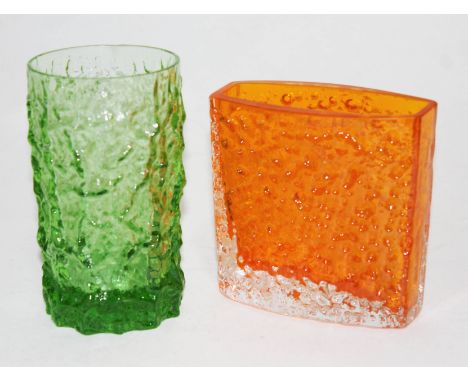 A Whitefriars tangerine glass vase and another green textured vase similar.Condition:- orange vase has no sign of any damage 