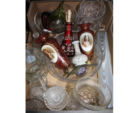 A box of assorted glass including a pair of Bohemian gilt portrait vases, a Persian glass vase, a Bohemian scene bottle (no s