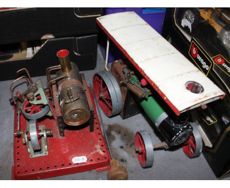 A Mamod live steam traction engine and two part stationary engines, all as found.  