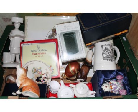 A box of misc. including a miniature Spode tea set, an Old Tupton ware teddy bear, various ornaments.