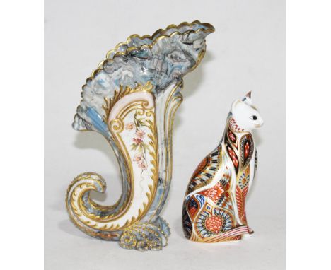 A Royal Crown Derby cat and a Doulton and Rix Marqueterie vase, height 20cm (as found).&nbsp;Condition - Doulton vase broken 