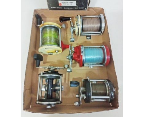 A box containing 5 multiplier reels; A Mitchell Garcia 600AP, Mitchell Garcia 600, Pen No.155, Abu Svangsta Ambassadeur 3000C
