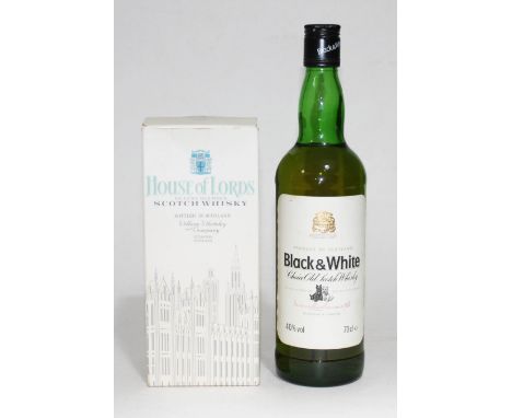 Two bottles of scotch whisky; House of Lords De Luxe Blended 70cl 40% (level- high shoulder)and Black &amp; White 70cl 40% (l