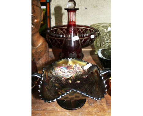 Czech/Bohemian ruby glass pedestal bowl &amp; decanter and a Carnival glass bowl.  