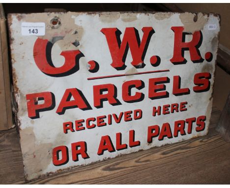 A Great Western Railway parcels double-sided enamel sign 45cm x 30cm.  