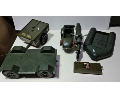 2 boxes of Action Man toys to include 3 jeeps, a tank, a motorbike &amp; sidecar, 2 figures, a boat, a walkie talkie and 2 tr