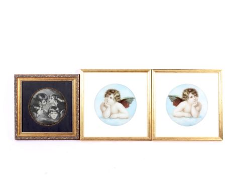 Three prints after Raphael and Joshua Reynolds. Comprising a pair of framed coloured prints on glass after Raphael of the Put
