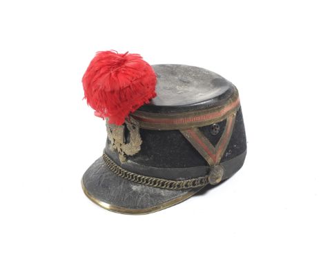 A 19th Century French Republican Guard 'Shako' army hat /helmet with red feather plume to front, curb link brass chain ,  and