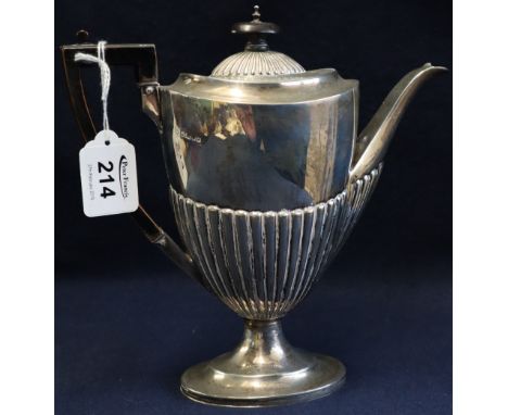 Georgian design silver half lobed pedestal coffee pot with wooden handle and finial. Sheffield hallmarks, 18 troy ozs approx.