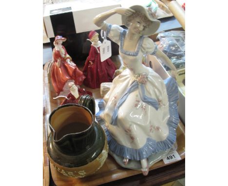 Tray comprising Royal Doulton figurines including; Sabbath Morn 842487, Top o' the hill Coalport figurine, Worcester, Grandmo