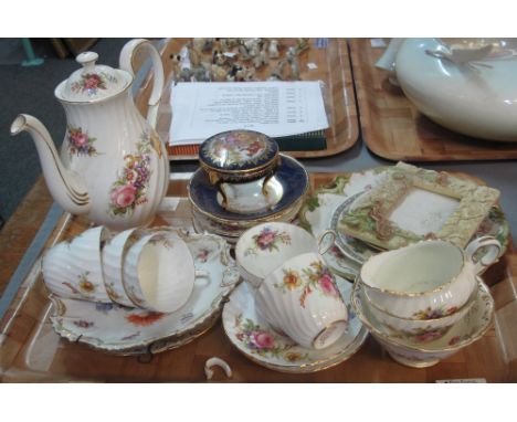 Tray of assorted china to include: Foley bone china, fluted and floral part teaware, Limoge trinket box, Coalport plate, pin 