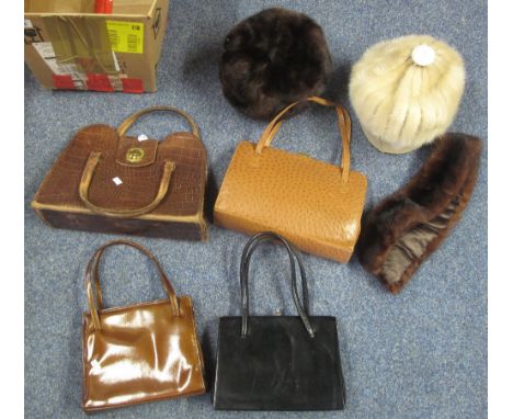 Box of assorted vintage leather handbags including: a brown patent leather bag by exclusive handbags made in Scotland, brown 