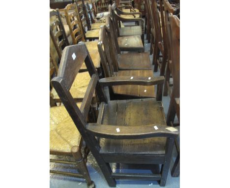 Collection of 19th Century oak farmhouse chairs to include; camel back and bobbin and rail back. (5)(B.P. 24% incl. VAT)