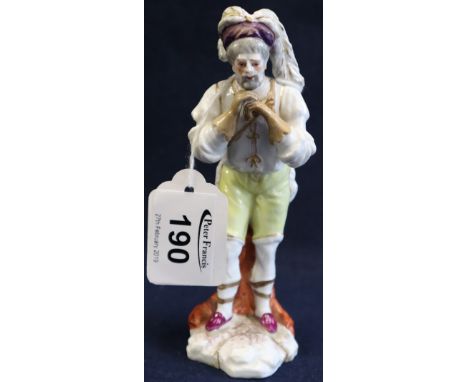 German porcelain figure of a bearded gentleman, probably originally leaning on a stick and with feathered headdress, undergla