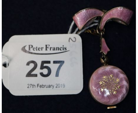 Ladies silver and enamel Pierrepont fob watch decorated in pink enamel, suspended from a pink enamel brooch. (B.P. 24% incl. 