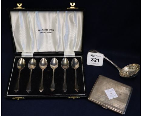 Cased set of six silver coffee spoons, a silver sifter spoon with Sheffield hallmark and a small engine turned silver cigaret