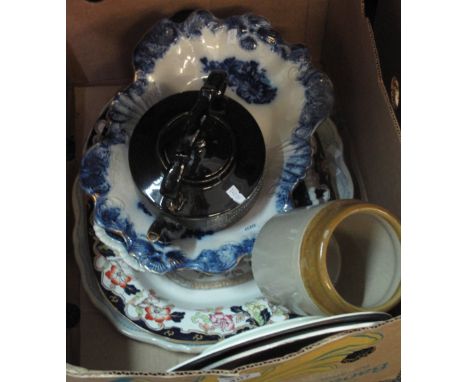 Box of assorted china to include; Victorian black ground enamel teapot, two tone utensil jar, Copeland Spode tower dish, meat