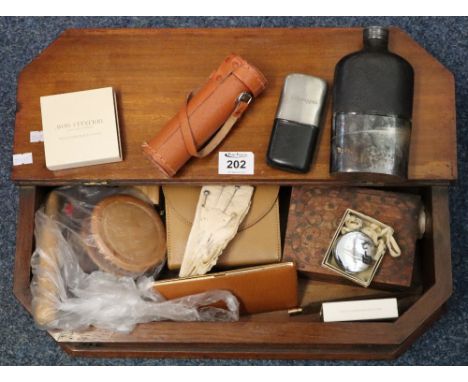 Edwardian mahogany glove box containing; various boxes, large plated hip flask, small Schwepps hip flask, small telescope in 