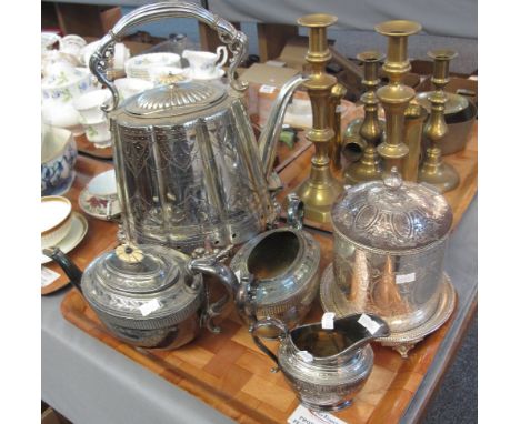 Tray of silver plated items to include; three piece tea service, spirit kettle on stand and a lidded biscuit barrel, together