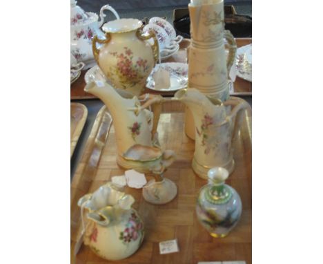 Collection of mainly Royal Worcester blush ivory porcelain items to include; two similar tusk shaped vases, conch shell vase,