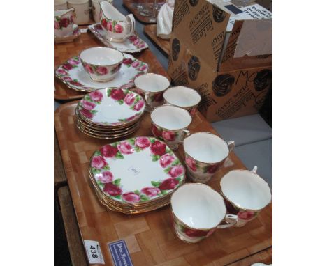 Two trays of Royal Albert 'Old English Rose' teaware to include; cups, saucers, plates, sauce boat on stand, milk jug, sucrie