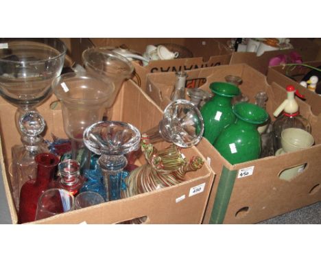 Two boxes of glassware to include; art glass vases, decanter and stoppers, vintage soda syphon, candlesticks etc. (2) (B.P. 2