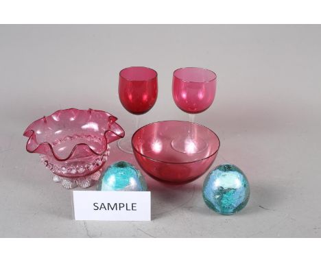 Eight wine glasses with ruby bowls, two similar bowls, a pair of paperweights, a Doulton Lambeth stoneware jardiniere, decora