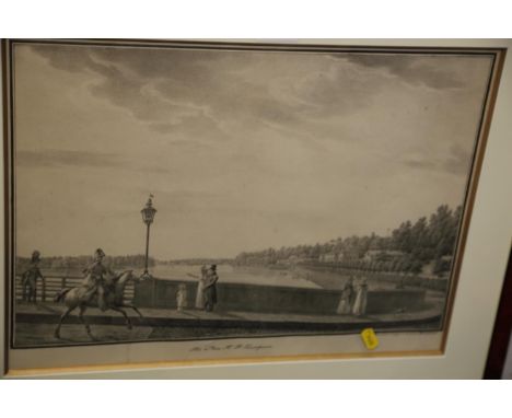 A French print, Le Cafe Du Jardin D'Ete, in strip frame, and a Russian print, figures on a bridge, in strip frame 