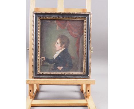 Sydney Evans: an early 19th century Naive school oil on canvas portrait of Sheffield Grace, 9 1/4" x 7 1/2", in ebonised and 