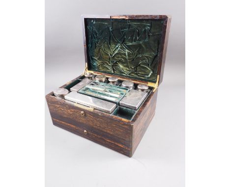 A mid Victorian calamander and brass mounted travelling box with fitted interior, two drawers and fold-out easel mirror, silv