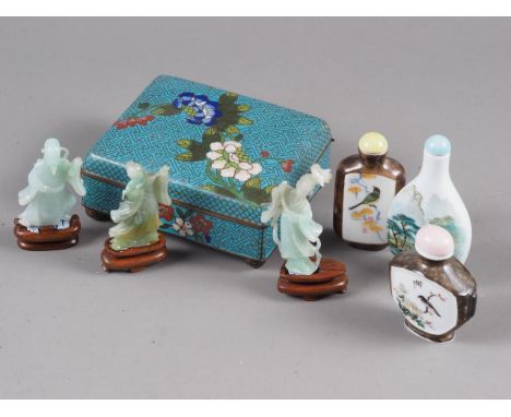 A cloisonne cigarette box, 4" wide, three snuff bottles and three jade figures, 2" high, on standsCondition:Snuff bottles are