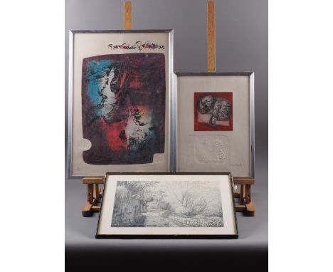 Two French 1960s limited edition prints with blind stamps and a lithograph, in strip frames 