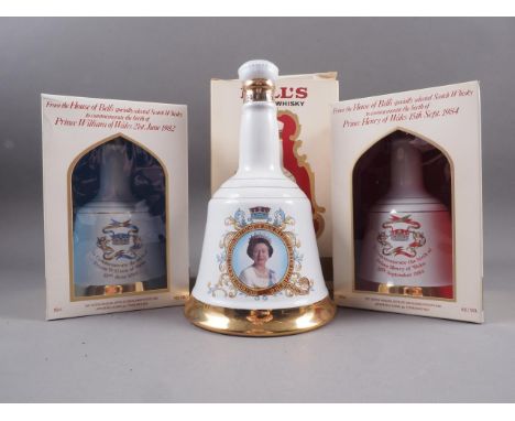 A Bells Scotch Whisky Queen Elizabeth II commemorative decanter, another similar Prince Harry of Wales decanter and another P