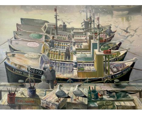 Kenneth LEECH (XX-XXI)'Make + Mend' in the Fishing Boat Basin, ScarboroughOil on boardSignedFurther signed, inscribed and dat