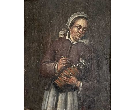 Egbert VAN HEEMSKERCK (1610-1680)Woman feeding a catOil on panelInscriptions to verso17x13cm