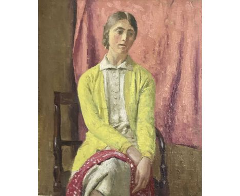 John Anthony PARK (1880-1962)The Yellow Cardigan, a Portrait of the artist's wife PeggyOil on canvas laid on boardSigned with