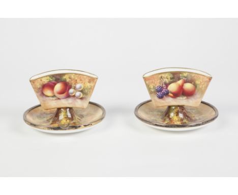 PAIR OF EARLY TWENTIETH CENTURY ROYAL WORCESTER CHINA COMBINATED TABLE CIGARETTE HOLDER AND ASHTRAY WITH HALLMARKED SILVER RI