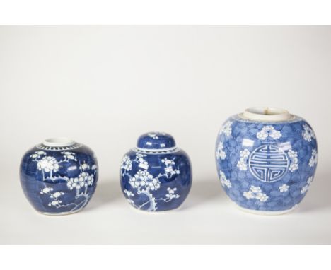 A NINETEENTH CENTURY CHINESE PORCELAIN BLUE AND WHITE GINGER JAR (minus cover) with prunus blossom and Shou ideograms on a cr