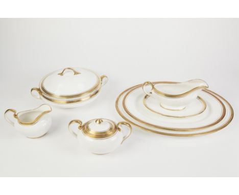 NINETY PIECE AYNSLEY ELIZABETH PATTERN CHINA PART DINNER AND TEA SERVICE FOR TWELVE PERSONS, with slender leaf etched, gilt b