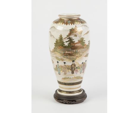 JAPANESE HAND PAINTED SATSUMA POTTERY VASE, of ovoid form with lipped rim, painted in colours and gilt with figures at leisur