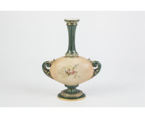 ROYAL WORCESTER LATE NINETEENTH CENTURY TWO HANDLE PEDESTAL VASE, the peach ground egg shape body painted with sprays of wild