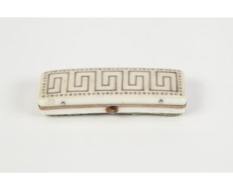 ANTIQUE CURVED OBLONG TOOTH PICK CASE, the hinge opening lid having inlaid gold wire Greek key decoration and dot border and 