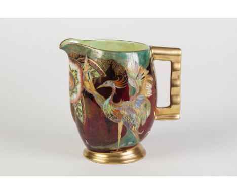 1930's CARLTON WARE 'SECRETARY BIRD' PATTERN CHINA JUG, of footed form with moulded gilt handle, painted in bright tones and 