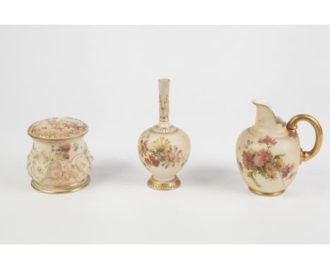 ROYAL WORCESTER LATE NINETEENTH CENTURY PEACH GROUND CIRCULAR BOX AND COVER, of squat baluster form embossed with foliate scr